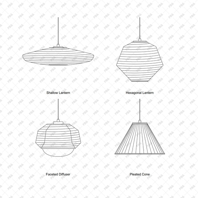 CAD, Vector, PNG Sculptural Pendant Lamps In Front View - Post Digital Architecture — Free and Affordable Resources for Architects