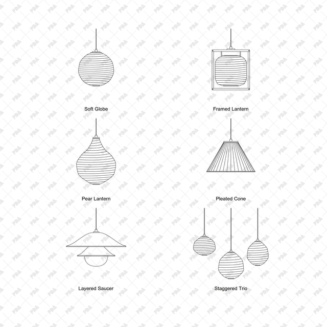 CAD, Vector, PNG Sculptural Pendant Lamps In Front View - Post Digital Architecture — Free and Affordable Resources for Architects
