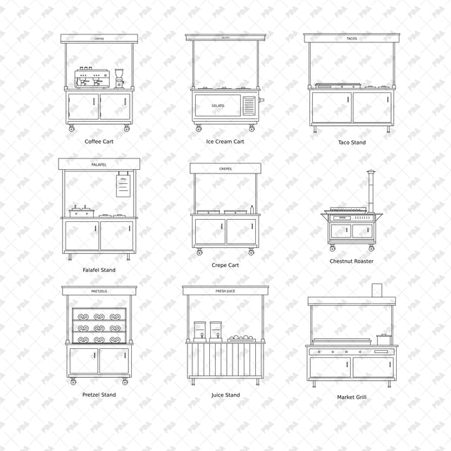 CAD, Vector, PNG Street Food Stalls in Front View - Post Digital Architecture — Free and Affordable Resources for Architects
