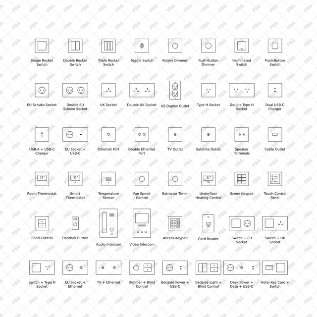 48 switches, sockets and wall controls in front elevation, full catalogue