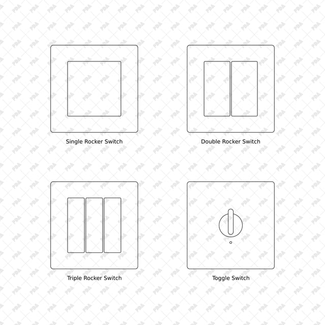 Wall switches, sockets and controls, front elevations 01 to 04