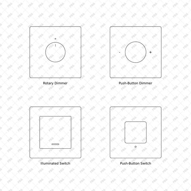 Wall switches, sockets and controls, front elevations 05 to 08