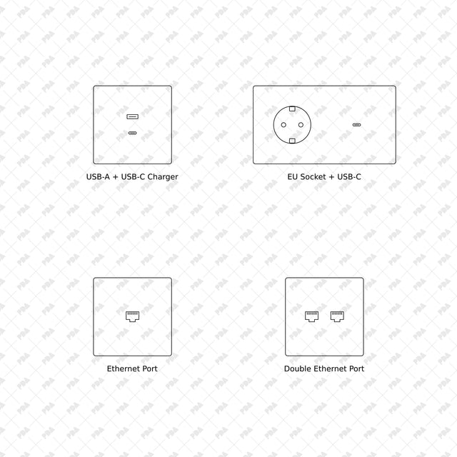 Wall switches, sockets and controls, front elevations 17 to 20