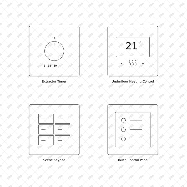 Wall switches, sockets and controls, front elevations 29 to 32