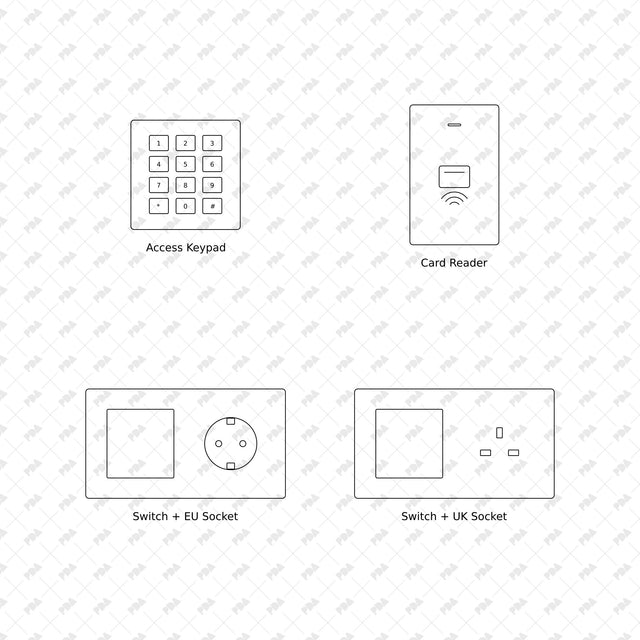 Wall switches, sockets and controls, front elevations 37 to 40