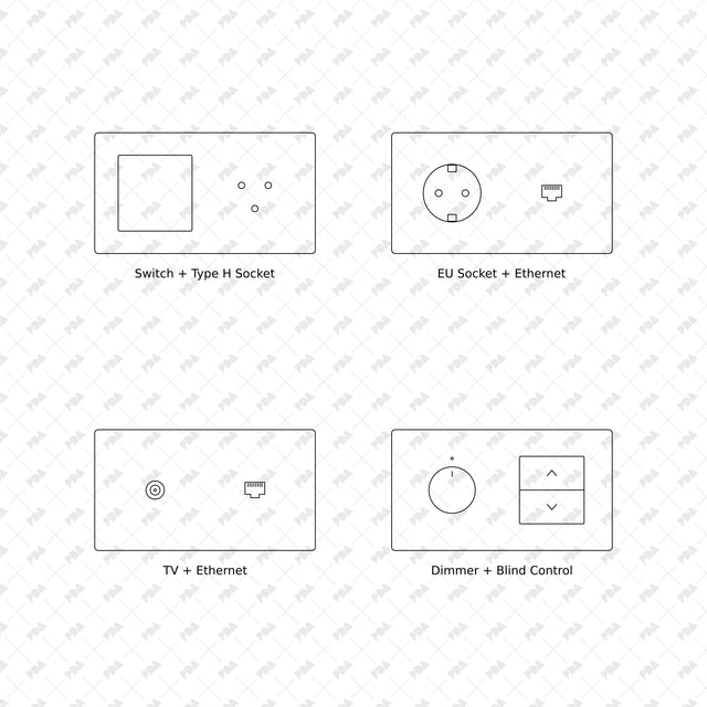 Wall switches, sockets and controls, front elevations 41 to 44