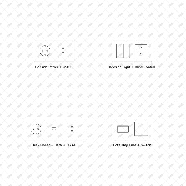 Wall switches, sockets and controls, front elevations 45 to 48