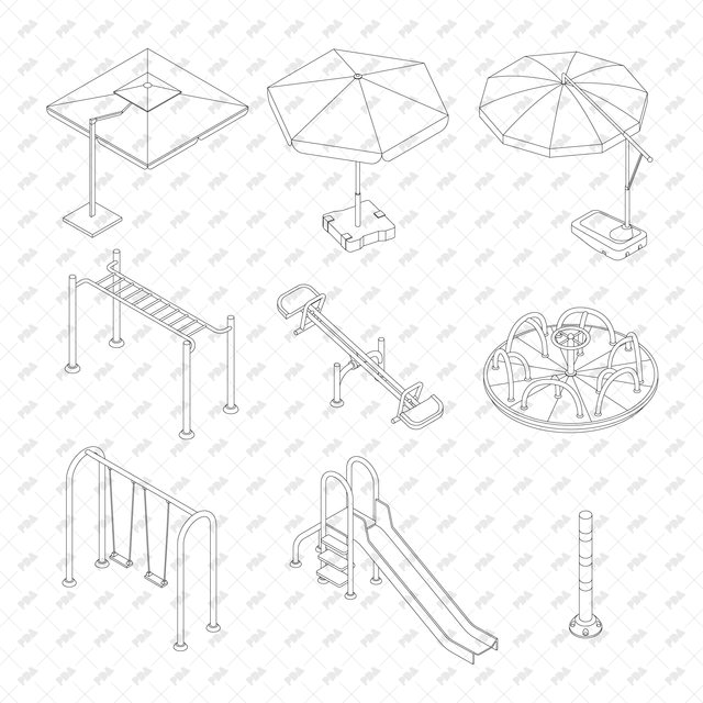 CAD, Vector Isometric Playground and Workout Equipment Set