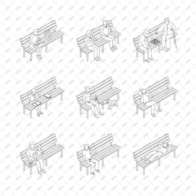 CAD, Vector, PNG Urban Bench Interactions in Isometric View - Post Digital Architecture — Free and Affordable Resources for Architects