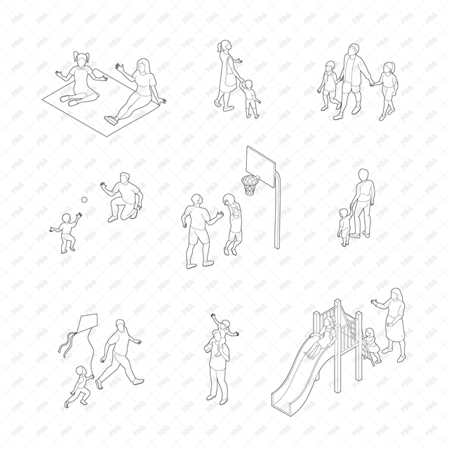 CAD, Vector, PNG Families at the Park in Isometric View - Post Digital Architecture — Free and Affordable Resources for Architects