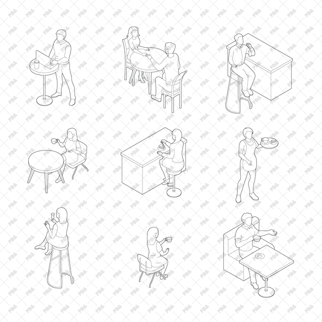 CAD, Vector, PNG People Enjoying at a Café in Isometric View - Post Digital Architecture — Free and Affordable Resources for Architects