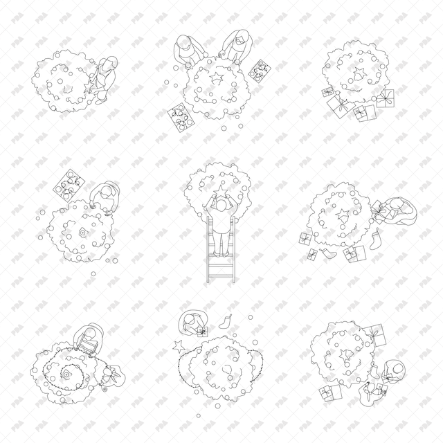 CAD, Vector, PNG Family Decorating a Christmas Tree in Top View - Post Digital Architecture — Free and Affordable Resources for Architects