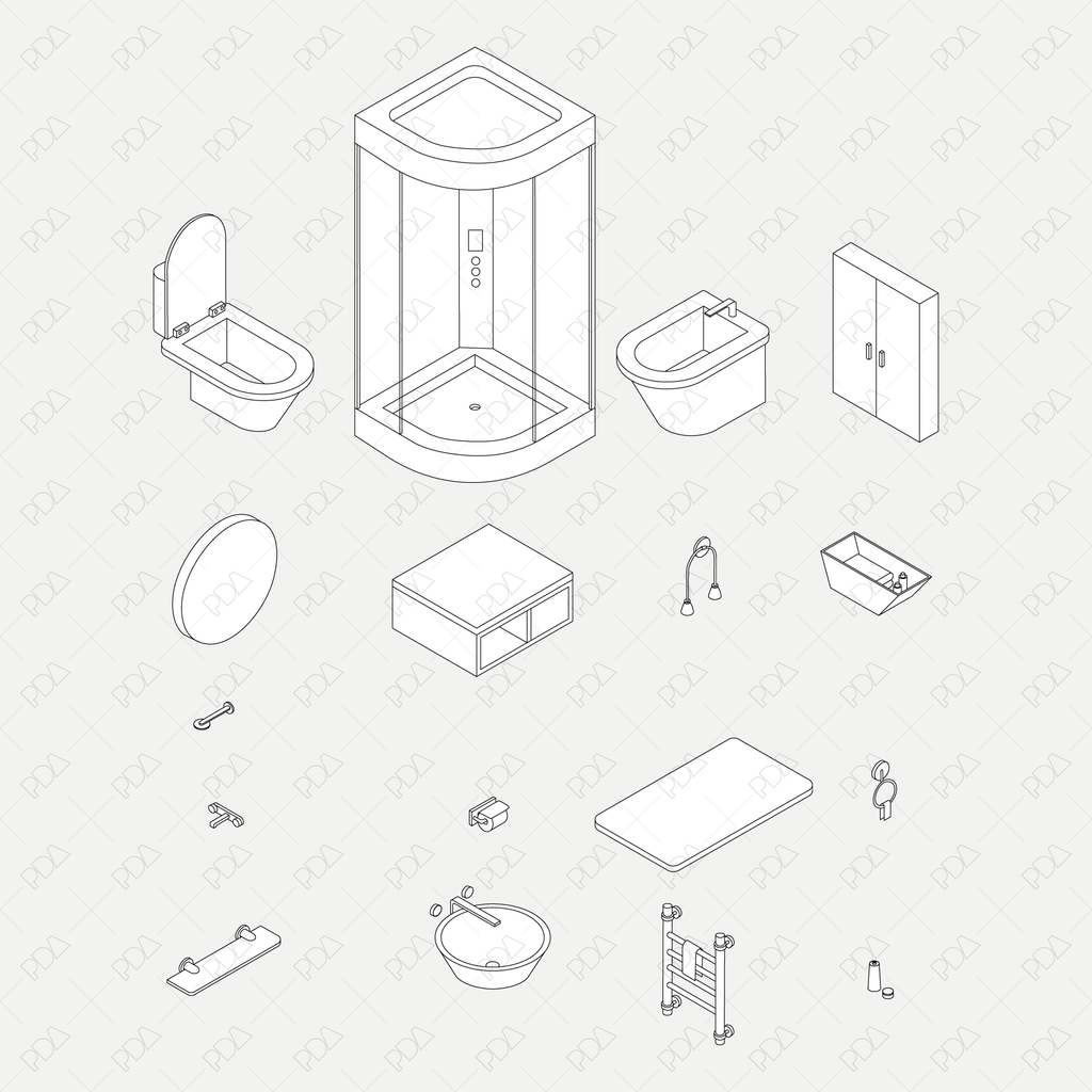 CAD, Vector Isometric Bathroom Furniture and Accessories Set