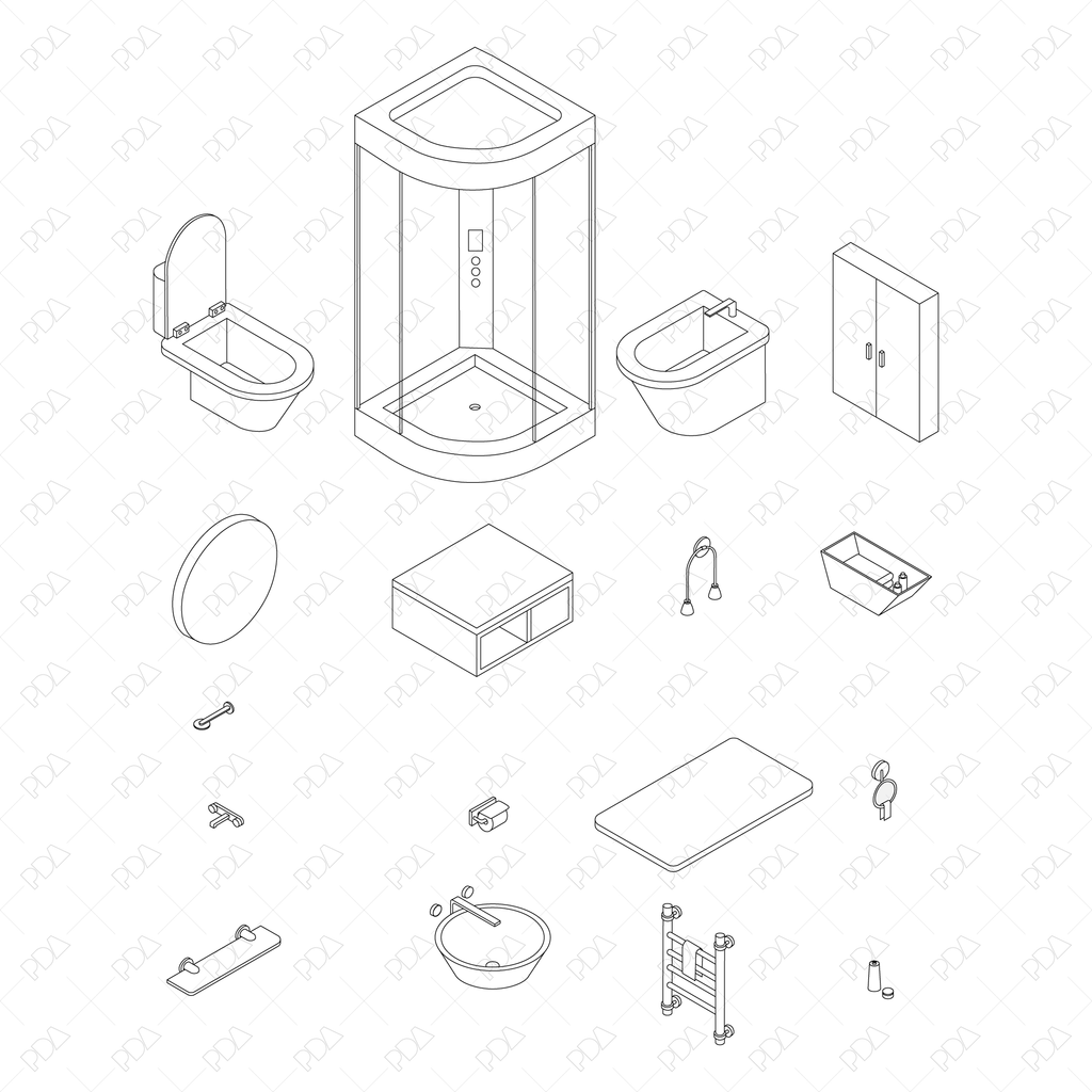 CAD, Vector Isometric Bathroom Furniture and Accessories Set
