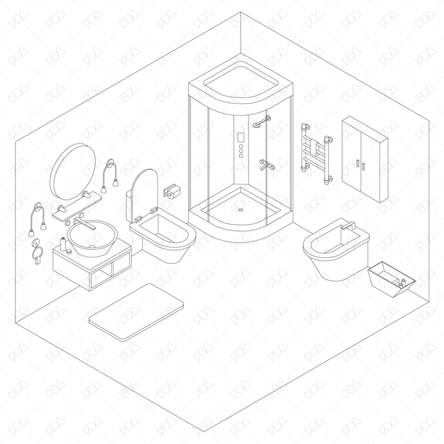 CAD, Vector Isometric Bathroom Furniture and Accessories Set - Post Digital Architecture — Free and Affordable Resources for Architects
