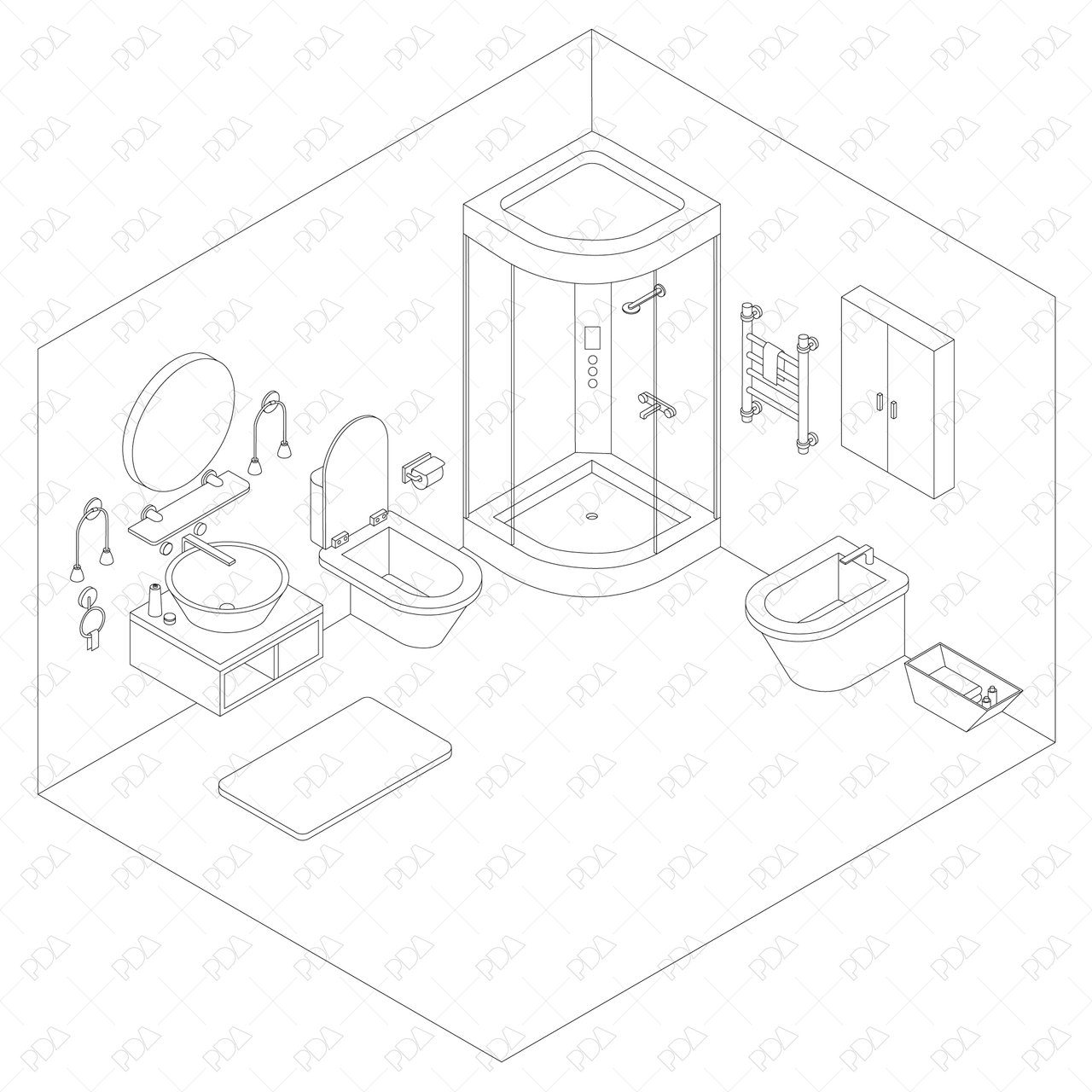 CAD, Vector Isometric Bathroom Furniture and Accessories Set