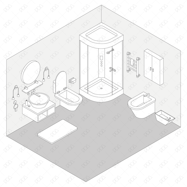 CAD & Vector Isometric Bathroom Furniture and Accessories Set