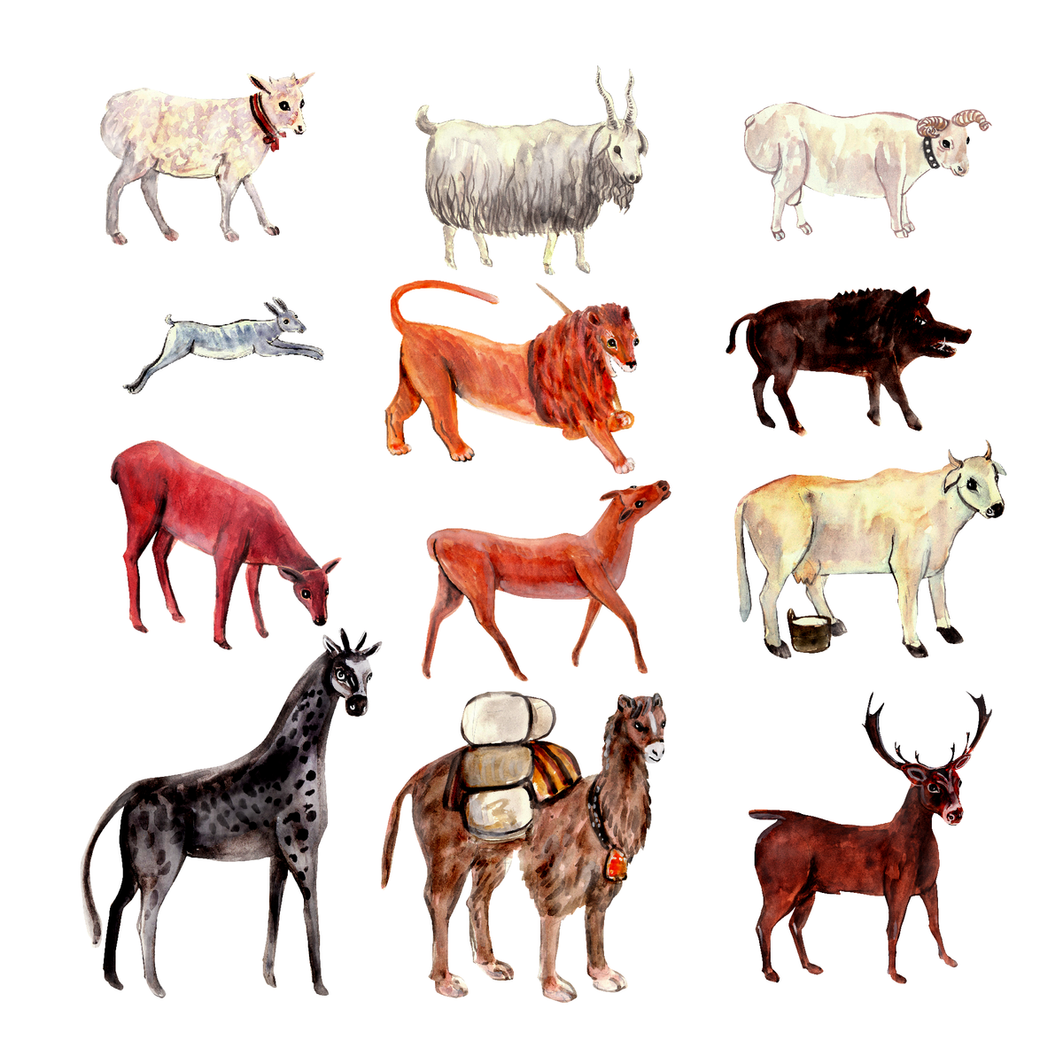 Animales dibujados a mano PNG inspirados en Pirosmani
