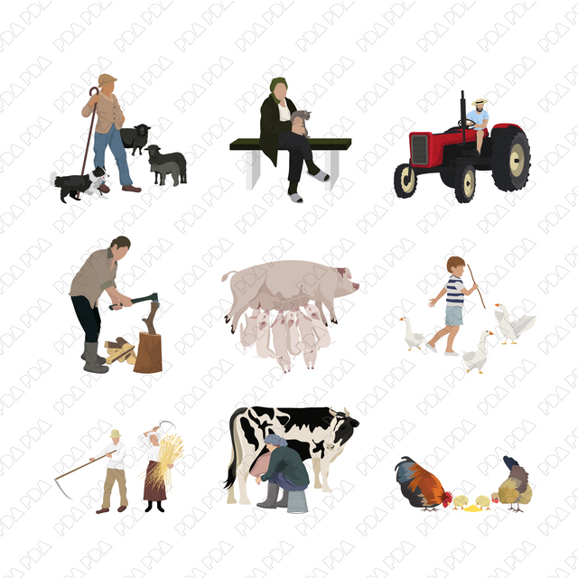 Vector, PNG Farmers & Domestic Animals Set (11+ Figures)