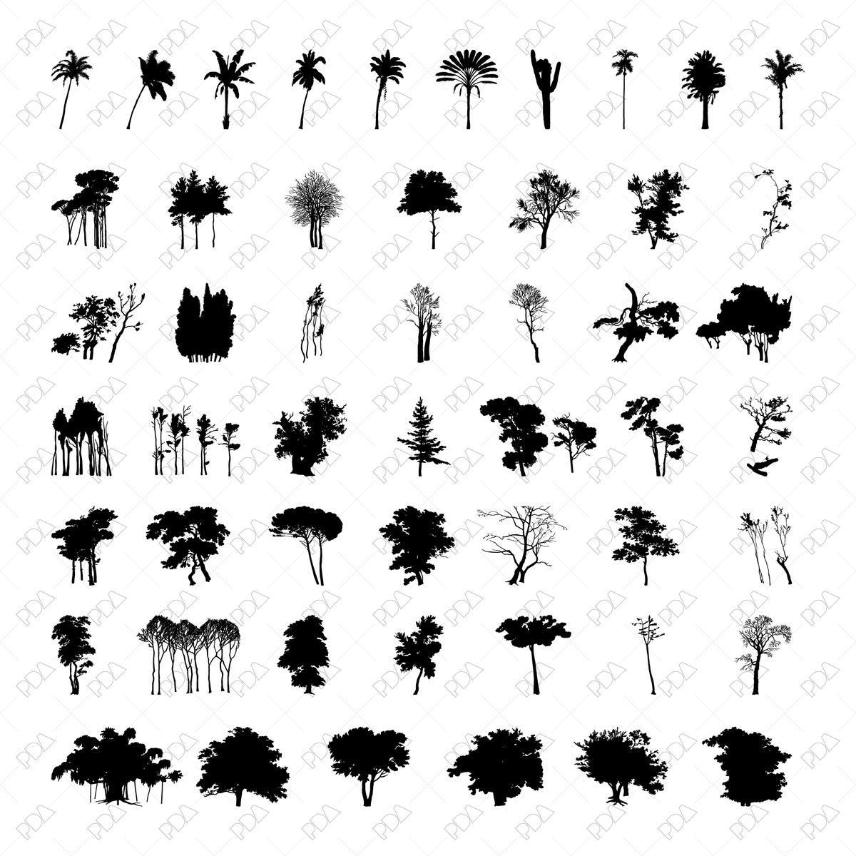 50+ Vector & PNG Tree Silhouettes Pack