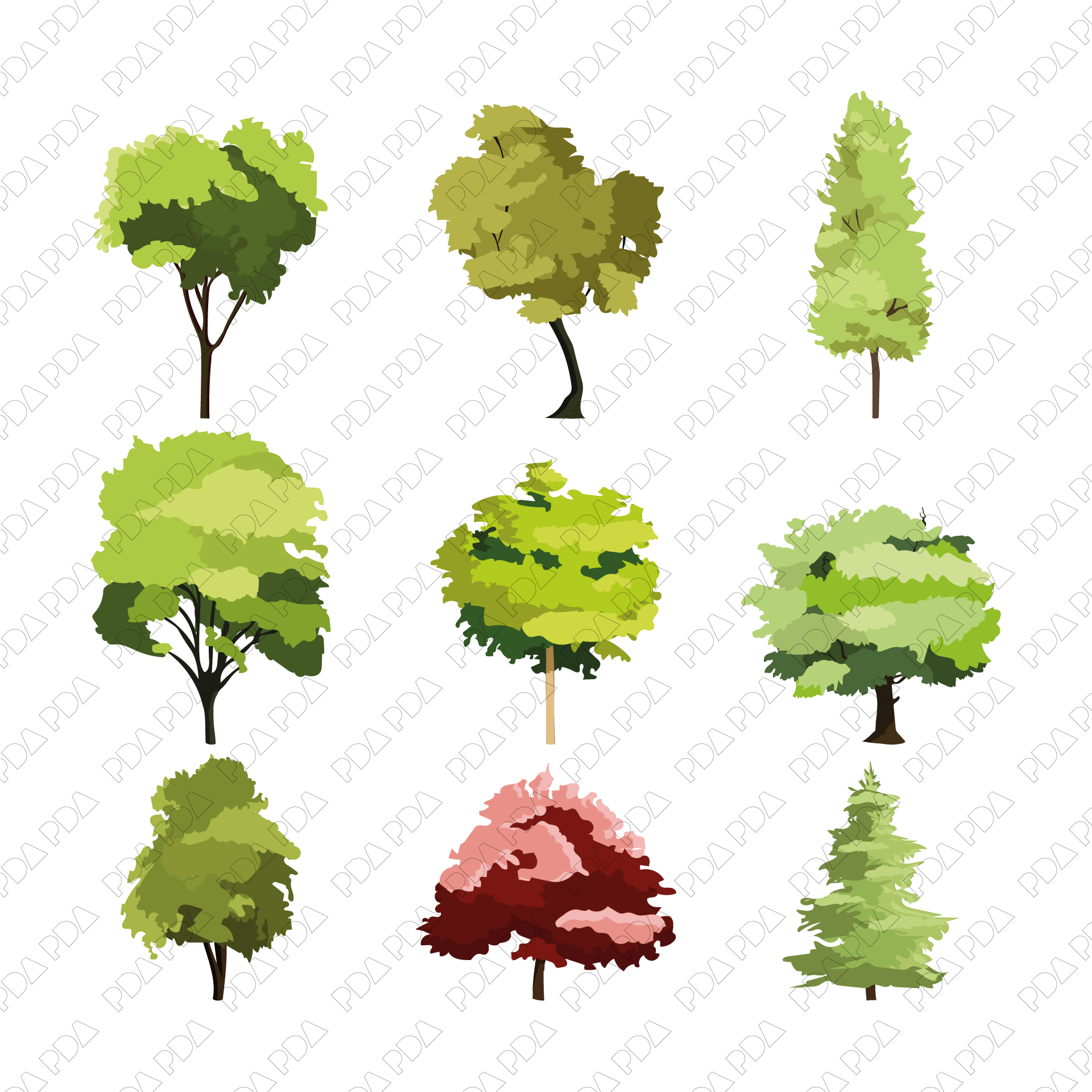 Vector Trees Set (9 Figures) - Ideal for 2D Designs