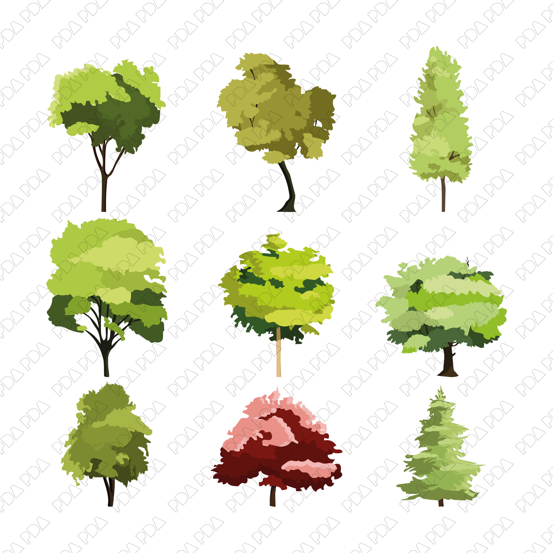 Vector Trees Set (9 Figures) - Ideal for 2D Designs