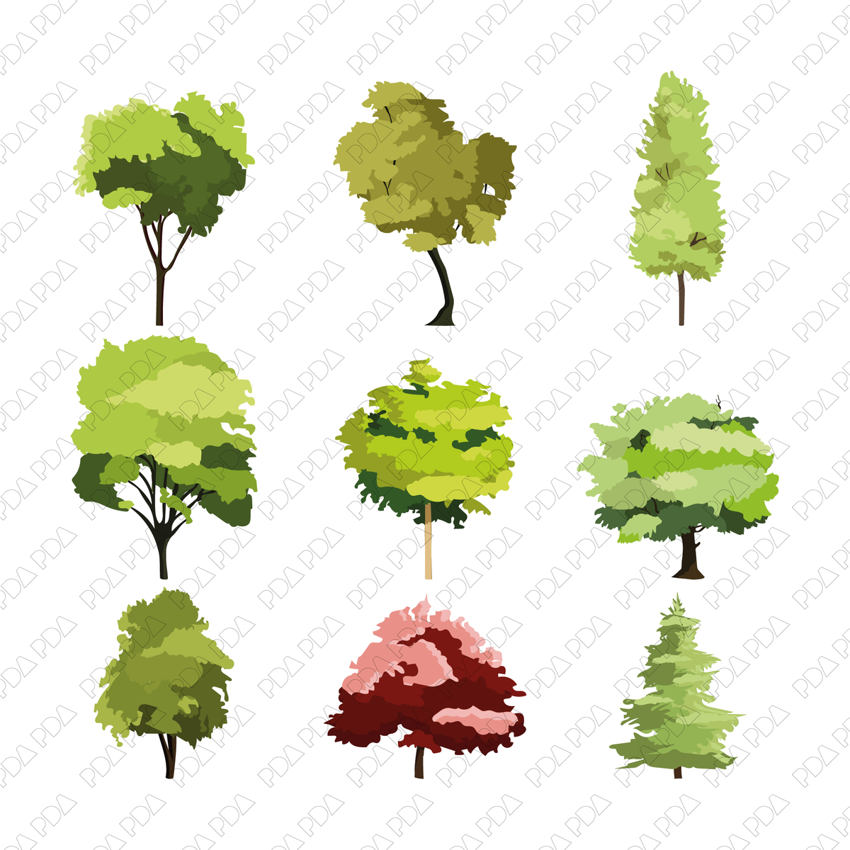 Vector Trees Set (9 Figures) - Ideal for 2D Designs