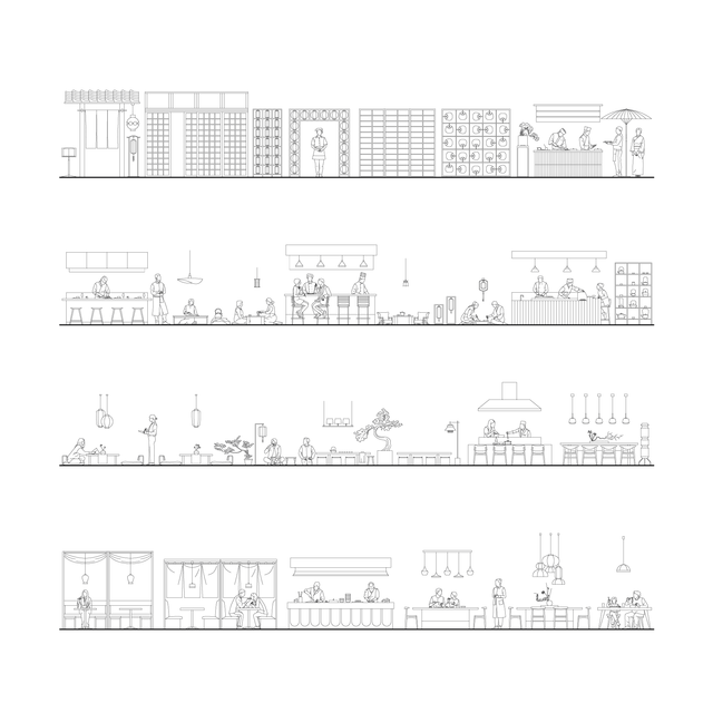 CAD, Vector Sushi Bar/ Japanese Restaurant in Side and Front View Set