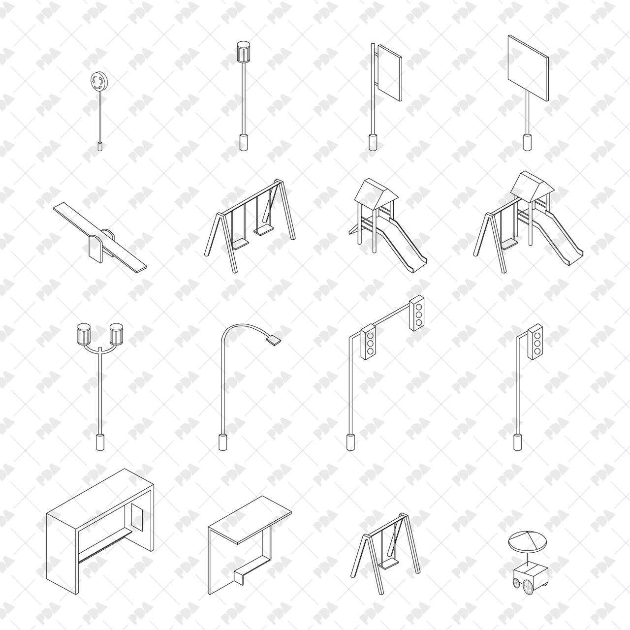 CAD, Vector Isometric Urban Furniture Set Post Digital Architecture