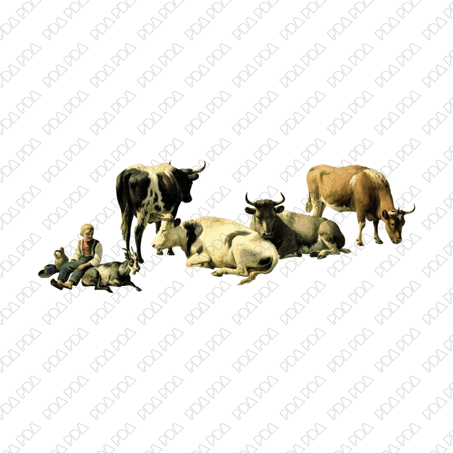 Artcutout Scenes - Animals and Farm: Shepherd Sits With Cows (PNG)
