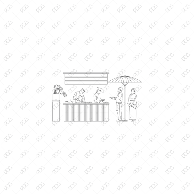 CAD, Vector Sushi Bar/ Japanese Restaurant in Side and Front View Set