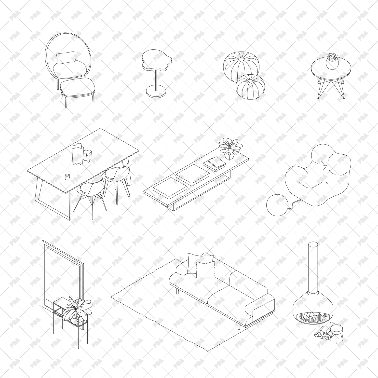 Table Isometric Autocad CAD Isometric Living Room Furniture Set