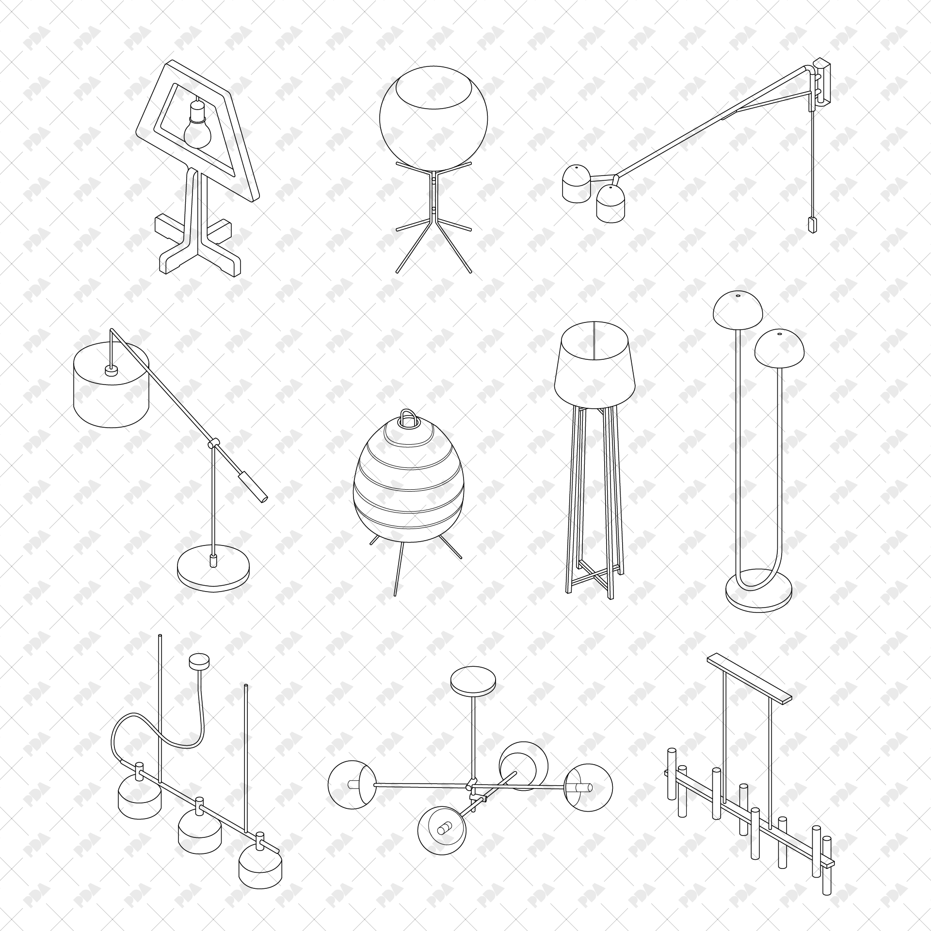 Isometric Lamps & Lighting Set: CAD & Vector Art