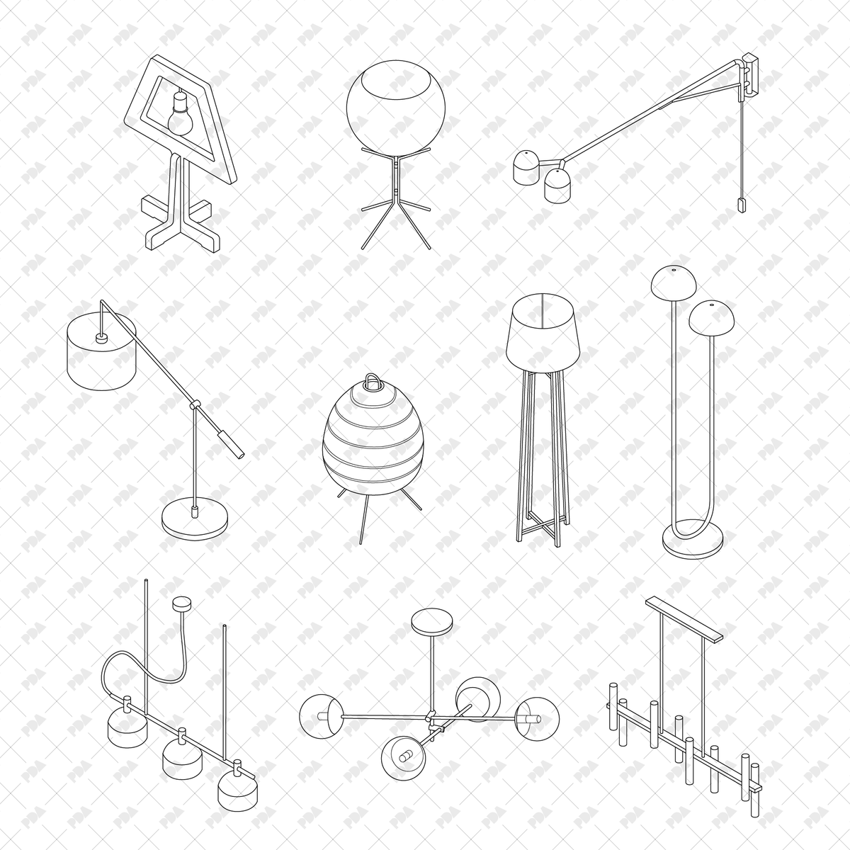 Isometric Lamps & Lighting Set: CAD & Vector Art
