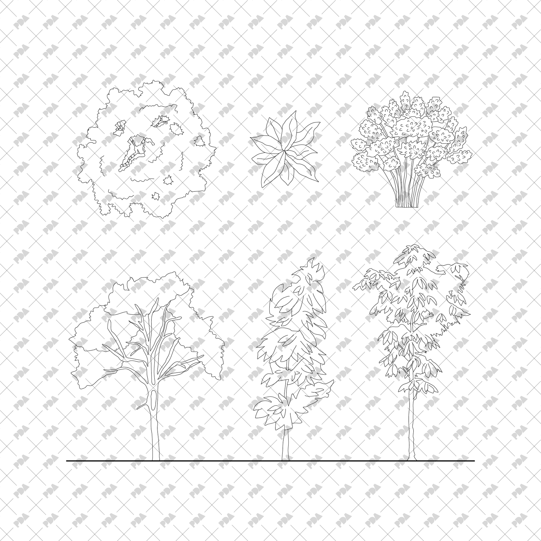 CAD, Vector Trees and Plants in Top and Side View Set Post Digital Architecture